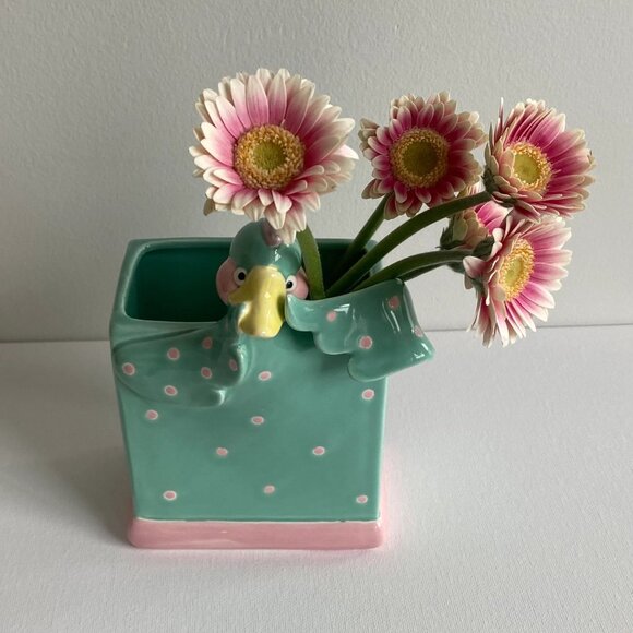 Fitz and Floyd Fantasy Fair 1985 Dora Duck Green W/Pink Dots Pen Holder - Vase - Picture 5 of 10